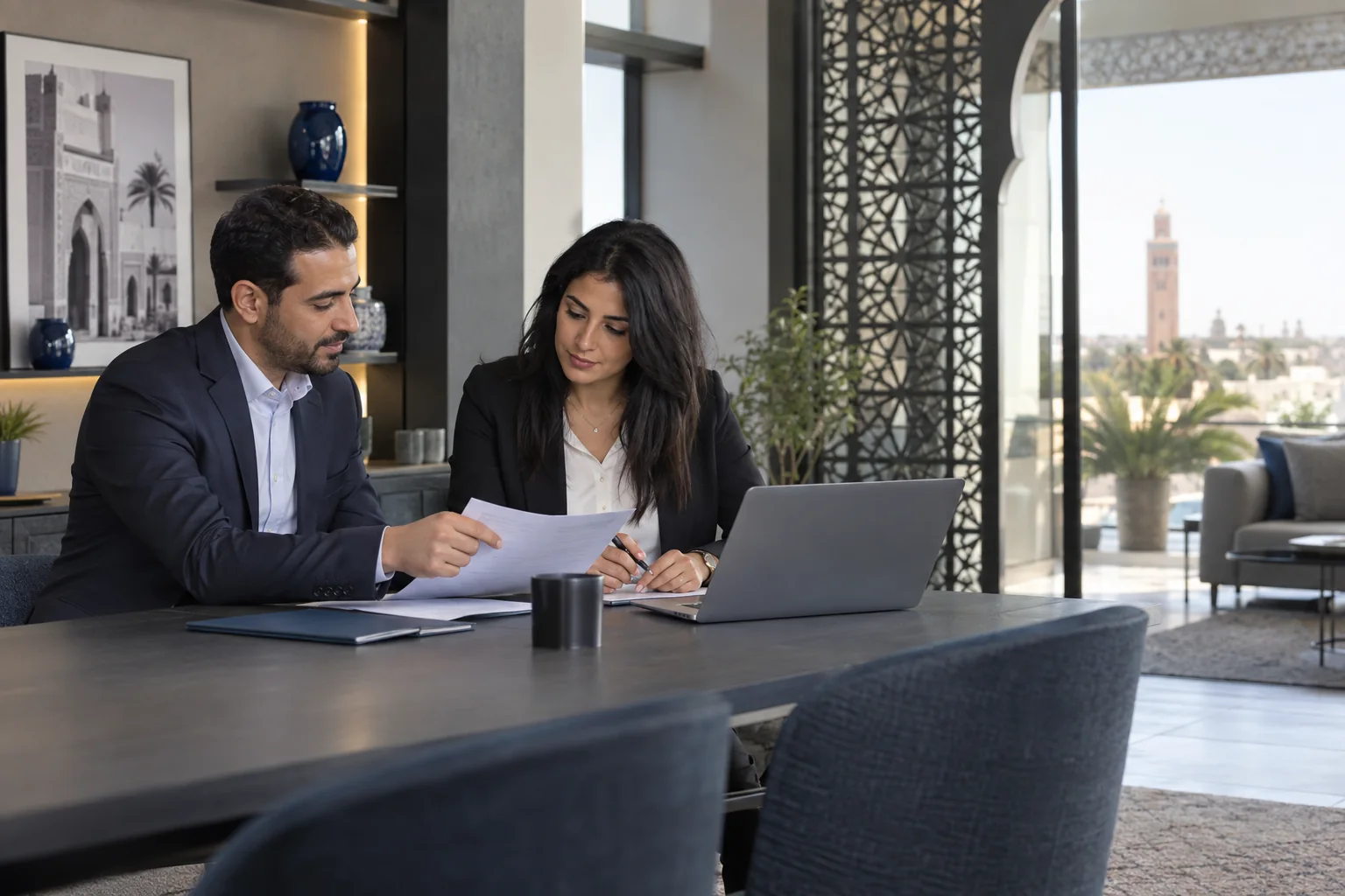 Professionnels échangeant autour de documents dans un bureau marocain contemporain